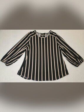 Adrianna Papell Striped 3/4 Balloon Sleeves Blouse Top Sz XL Black Taupe Keyhole